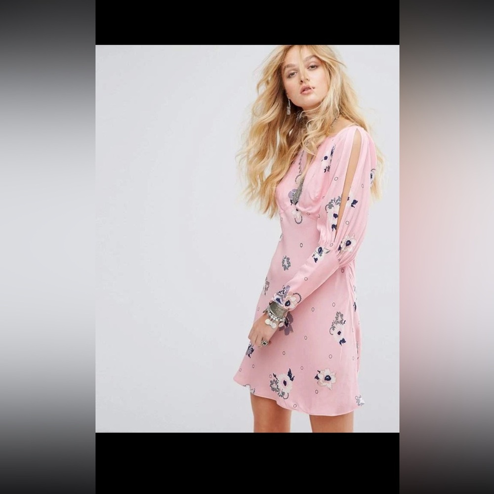 NWOT free people pink floral mini long sleeve dress - Picture 13 of 13